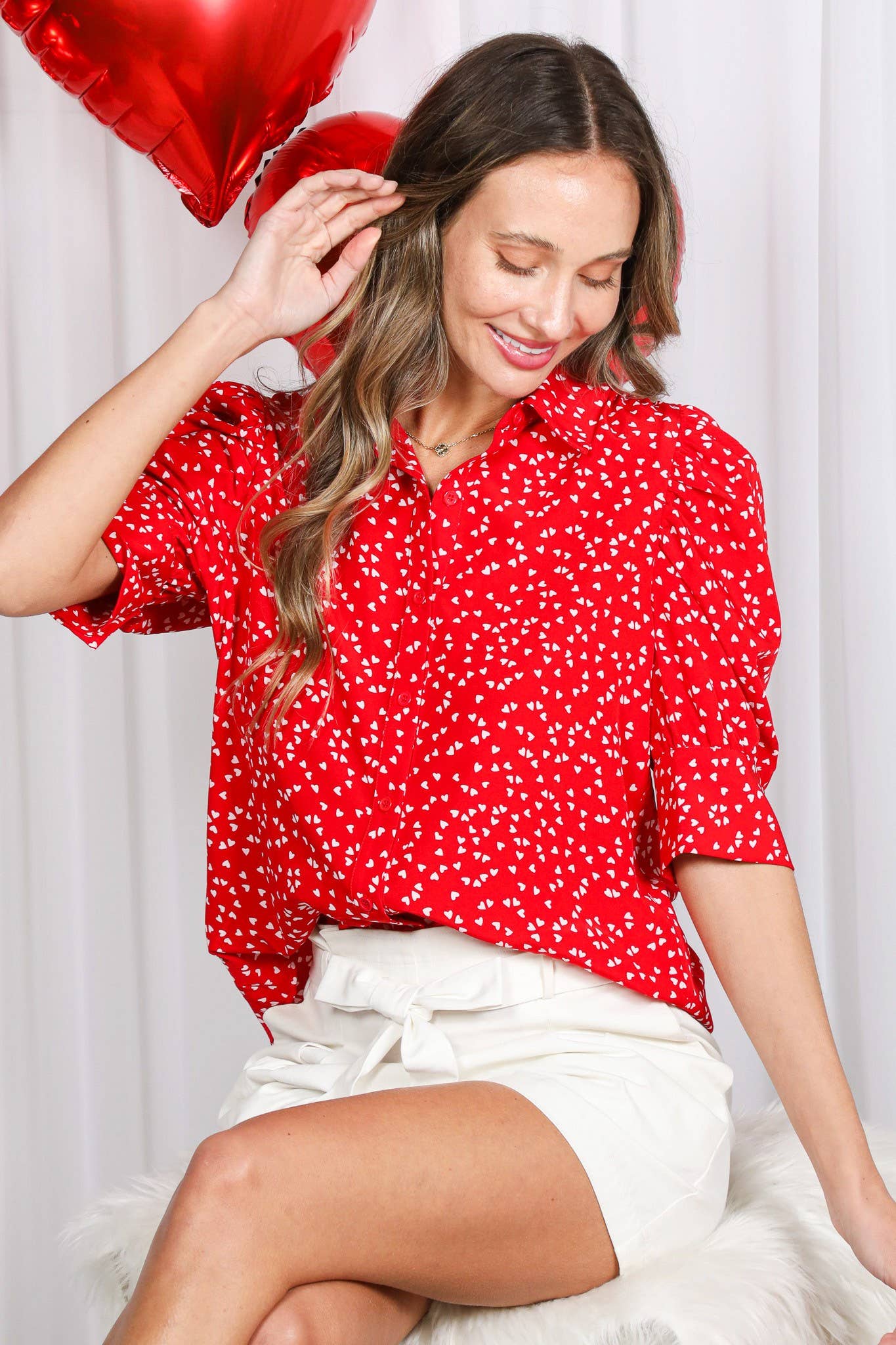Collared Neck Puff Sleeve Hearts Printed Blouse Top