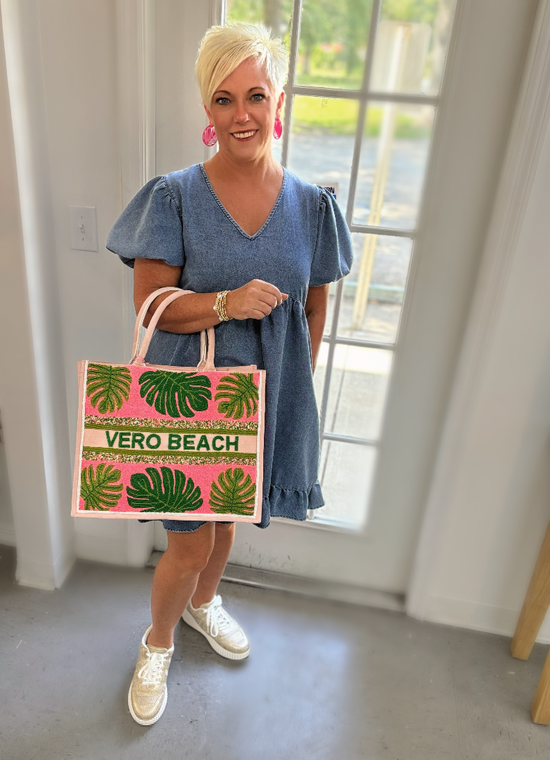 Vero Beach Neon Pink & Green Beaded Leaf Tote