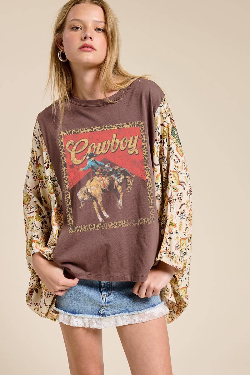 Western Cowboy Leopard Graphic Rustic Contrast Poncho Top