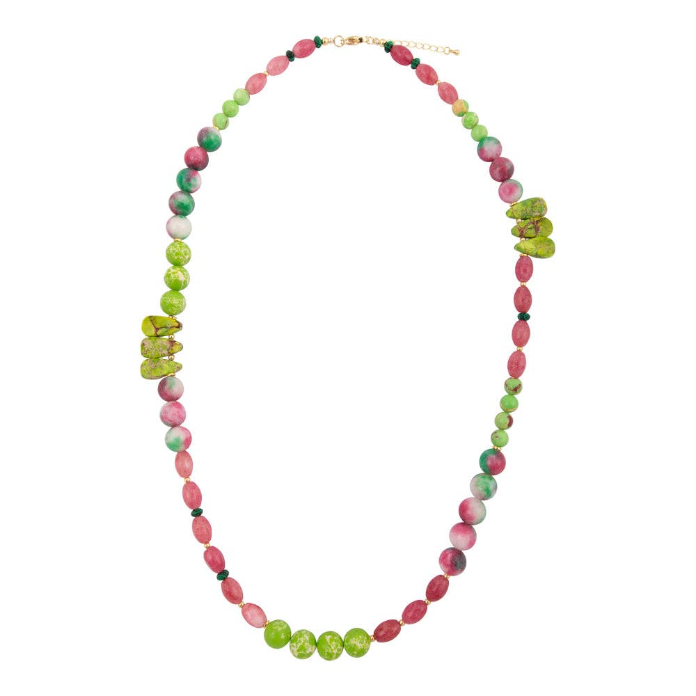 Watermelon Pink Quartz and Lime Green Jasper Long Golden Necklace