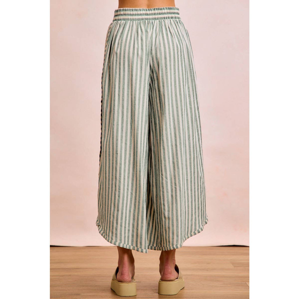 FLORAL EYELET SIDE ELASTIC STRIPES WIDE LEG PANTS
