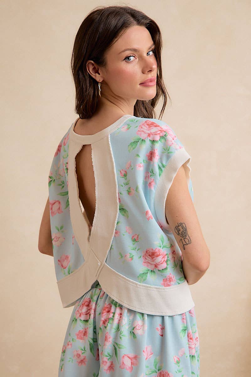 FLORAL PRINTED TERRY OPEN BACK SLEEVELESS TOP