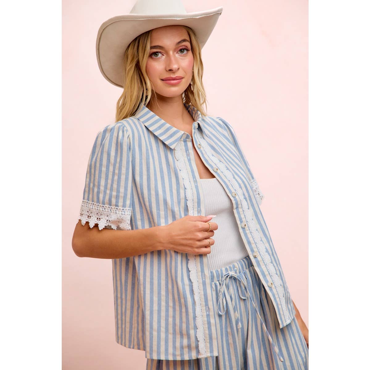 STRIPES LACE TRIM DETAIL SHORT SLEEVES BLOUSE