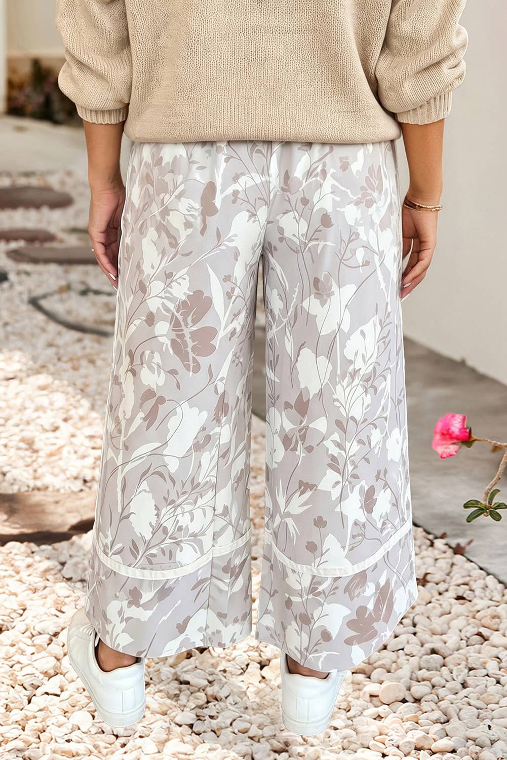 Floral Wide Leg Ankle-Length Elastic Waistband Pants