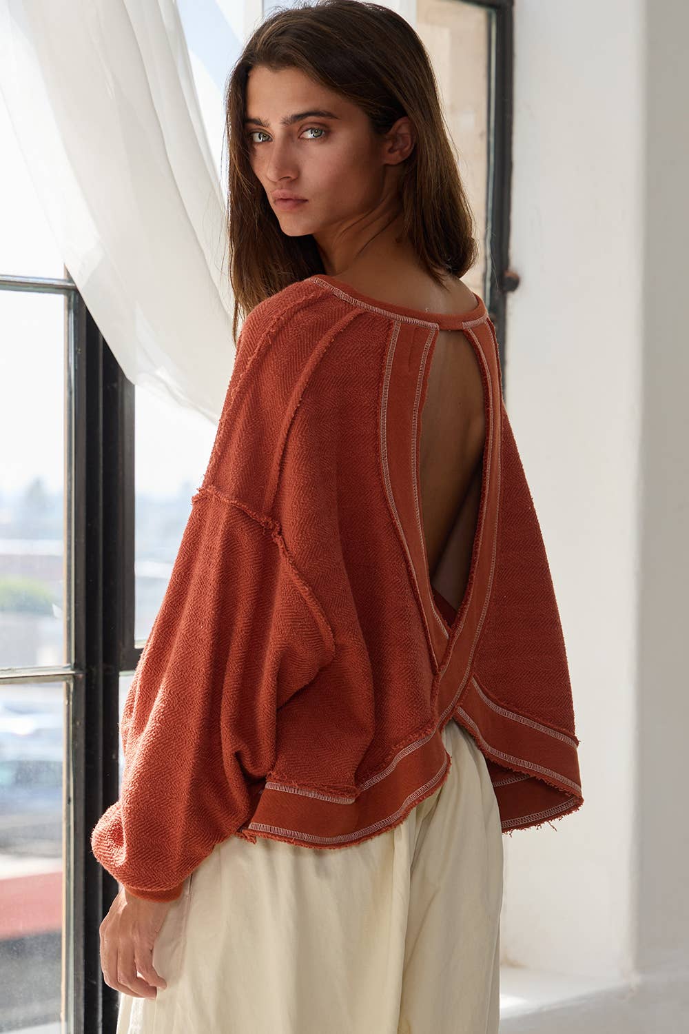 Overlap Open Back Oversize Fit Reverse Stitched Top