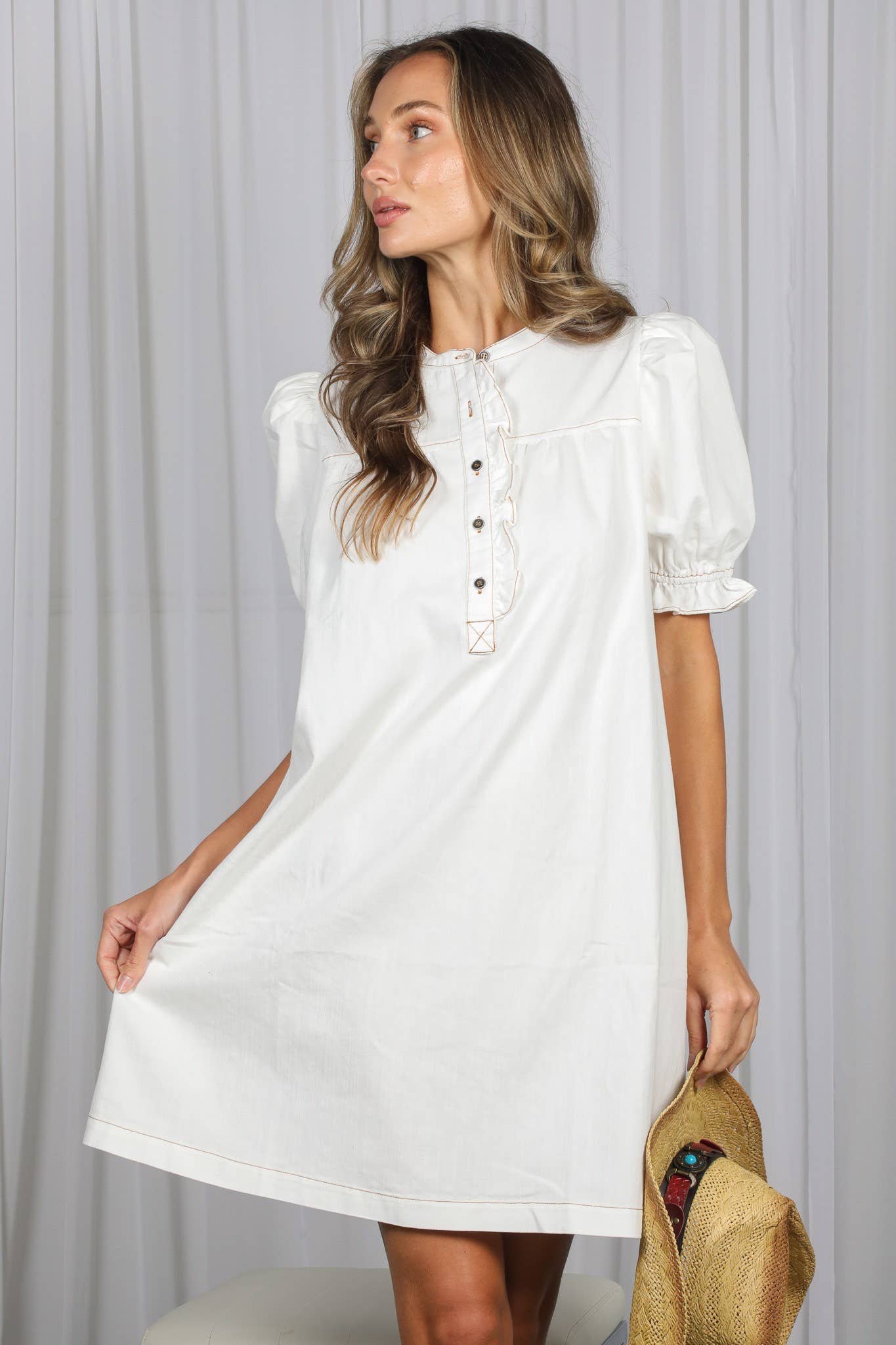 Ruffled Button Placket Accent 100%Cotton Knee Dress
