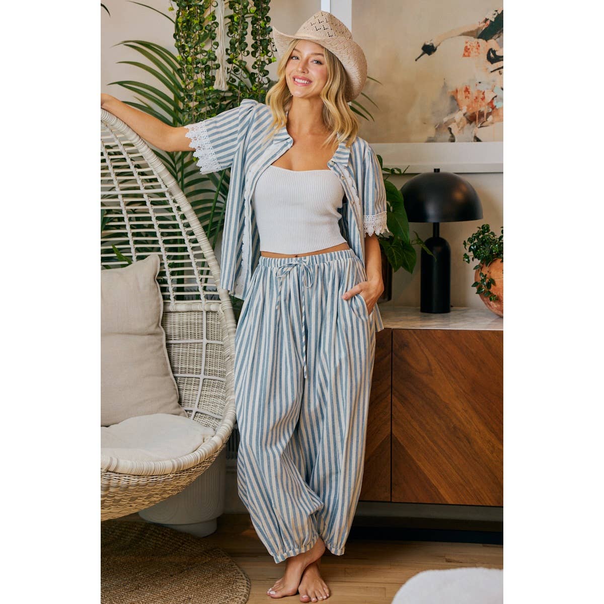 STRIPES LACE TRIM DETAIL SHORT SLEEVES BLOUSE