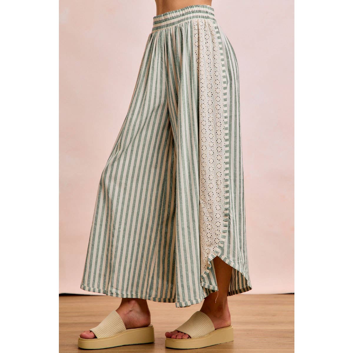 FLORAL EYELET SIDE ELASTIC STRIPES WIDE LEG PANTS