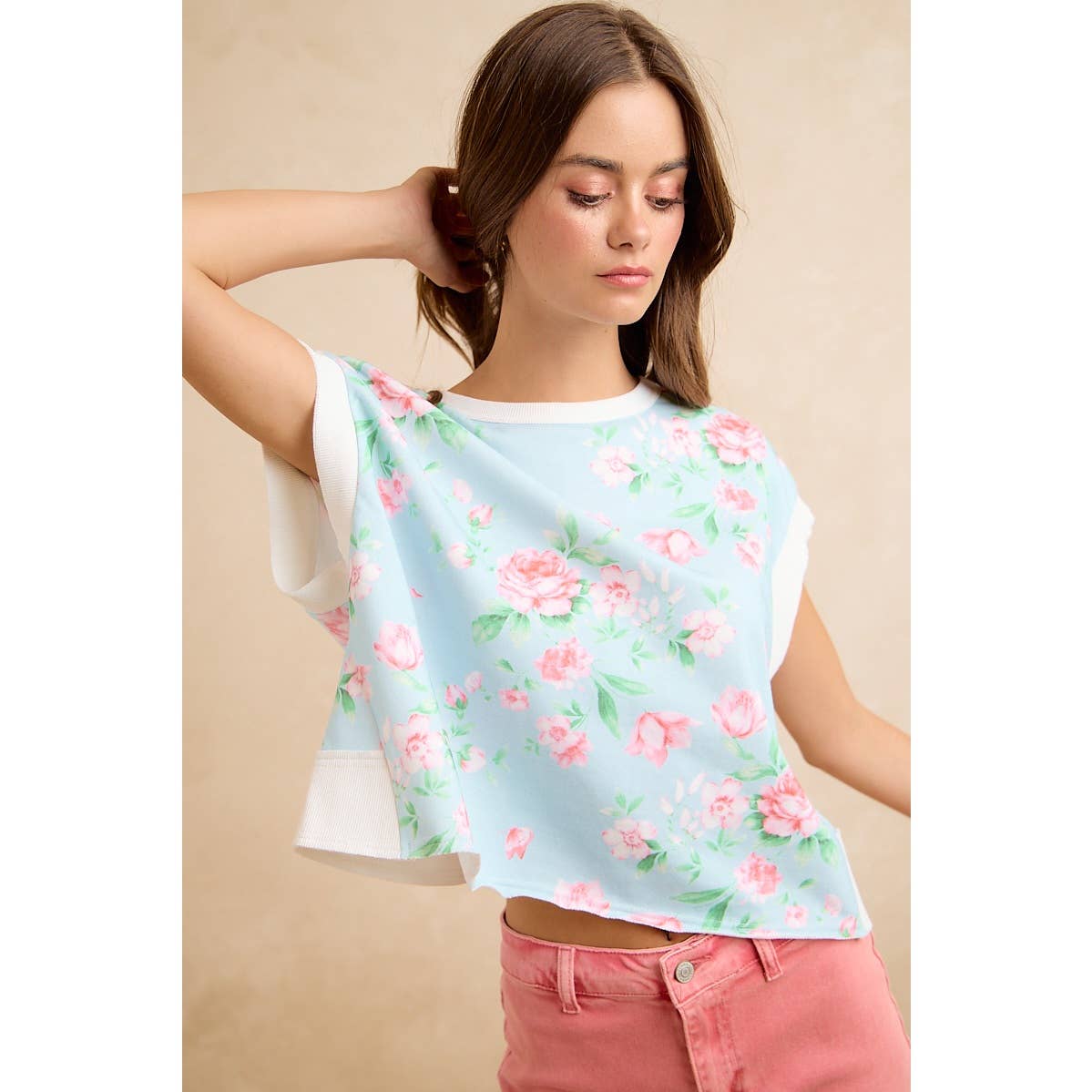 FLORAL PRINTED TERRY OPEN BACK SLEEVELESS TOP