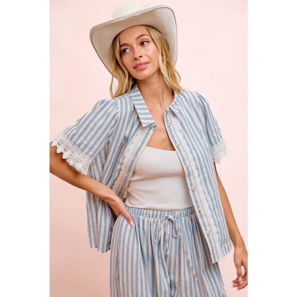 STRIPES LACE TRIM DETAIL SHORT SLEEVES BLOUSE