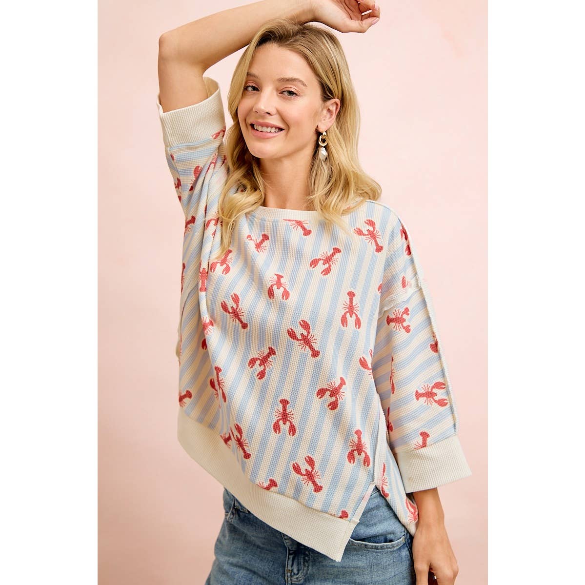 4TH OF JULY LOBSTERS STRIPE WAFFLE KNIT SLEEVE TOP