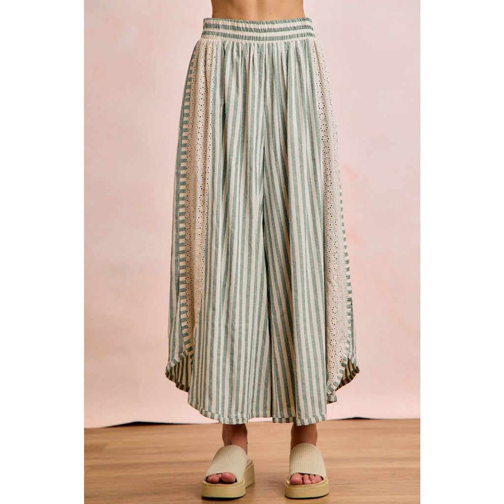 FLORAL EYELET SIDE ELASTIC STRIPES WIDE LEG PANTS