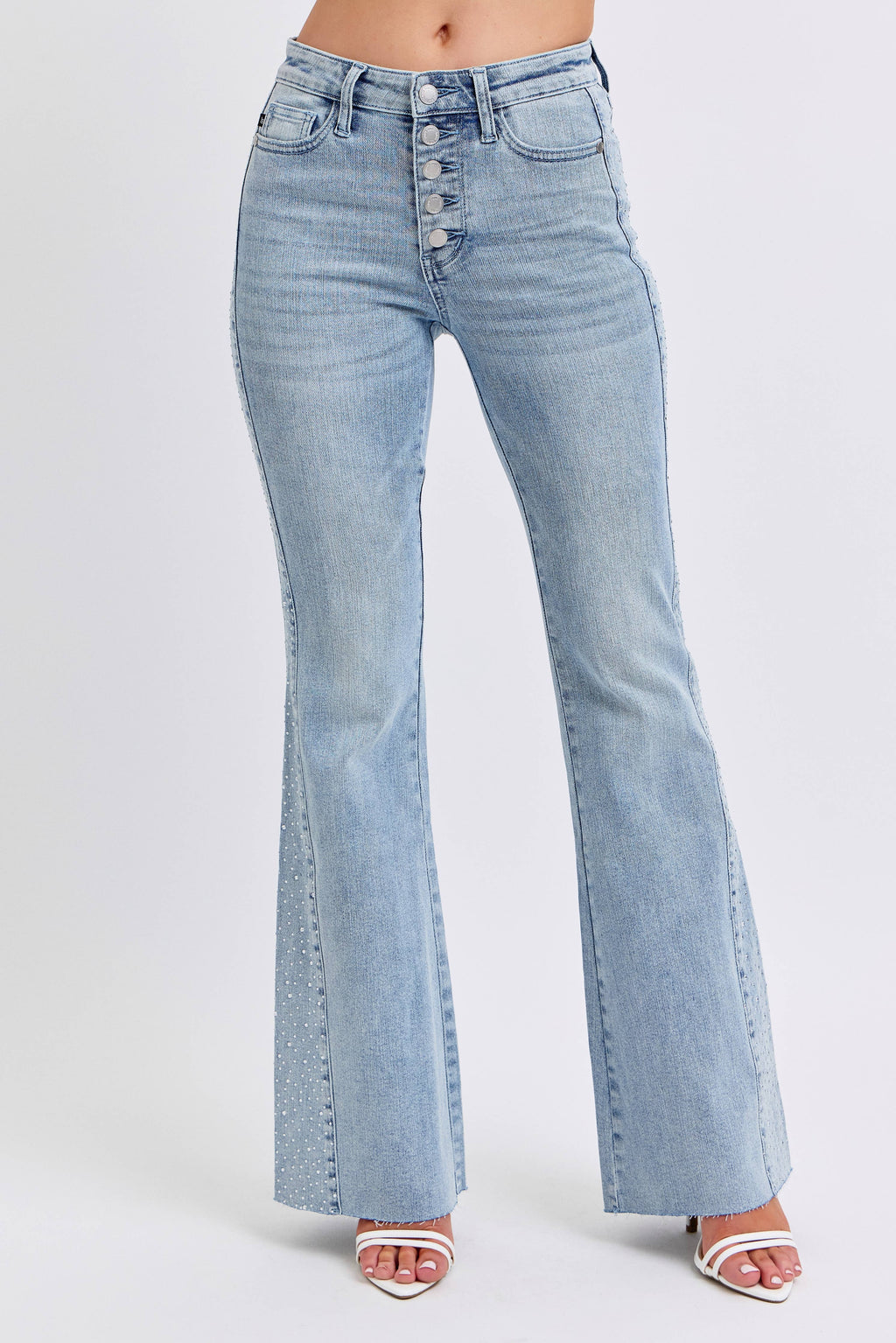 Mid- Rise Rhinestone Side Panel Detail Flare