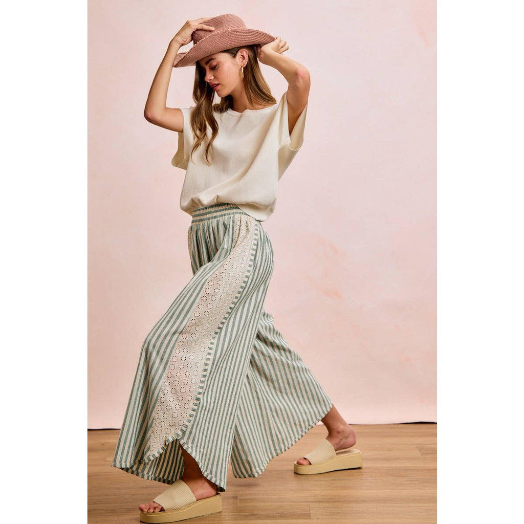 FLORAL EYELET SIDE ELASTIC STRIPES WIDE LEG PANTS
