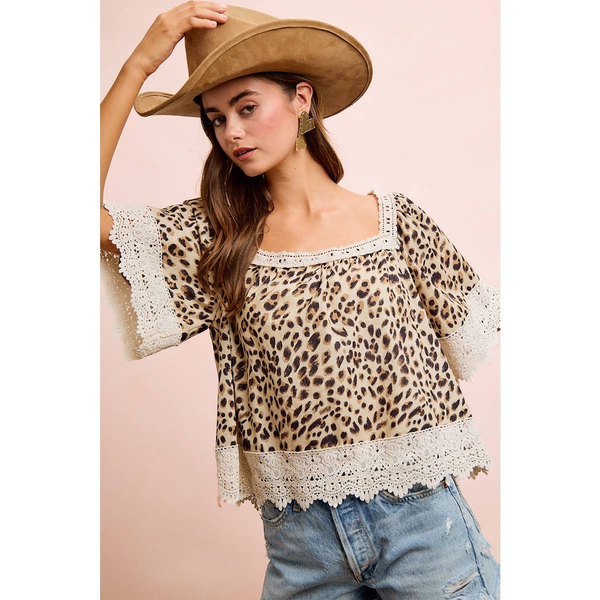 LEOPARD LACE MIX AND MATCH SQUARE NECKLINE TOP