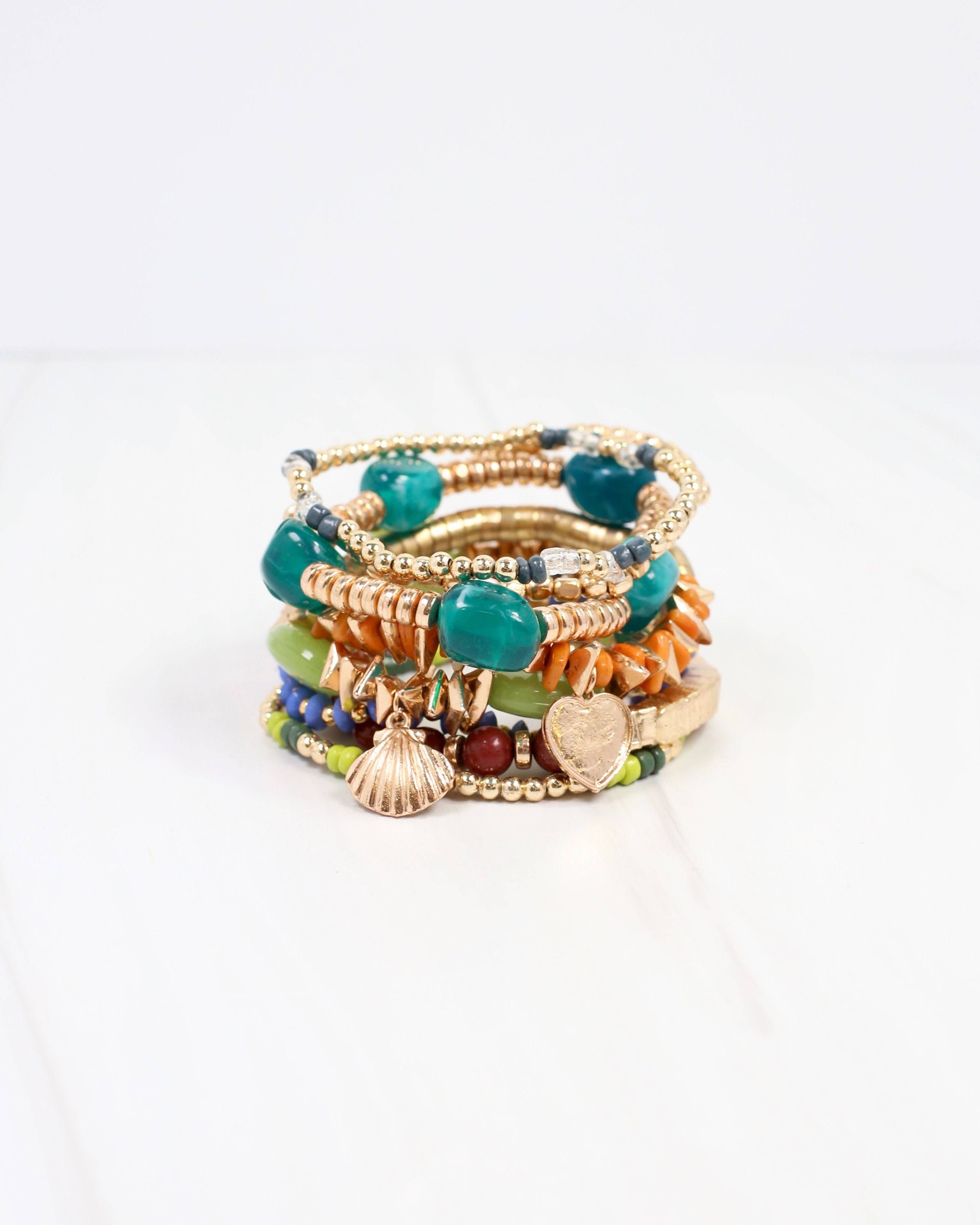 Beaded Stretch Bracelet Set Green Multi
