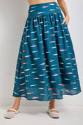 FISH PRINT SMOCKED BACK WAIST MIDI SKIRT
