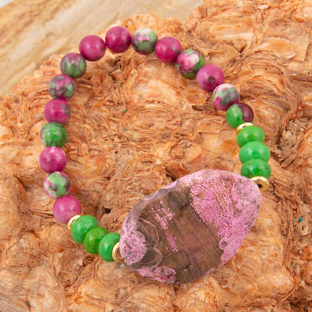Watermelon 🍉 Pink Jasper and Green Jade Stretch Bracelet