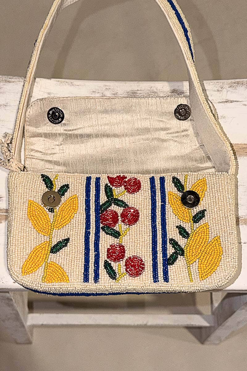 Beaded Cherry Pattern Flap Shoulder Bag