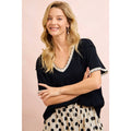 THERMAL KNIT V NECK SHORT SLEEVES TOP WITH CROCHET TRIM