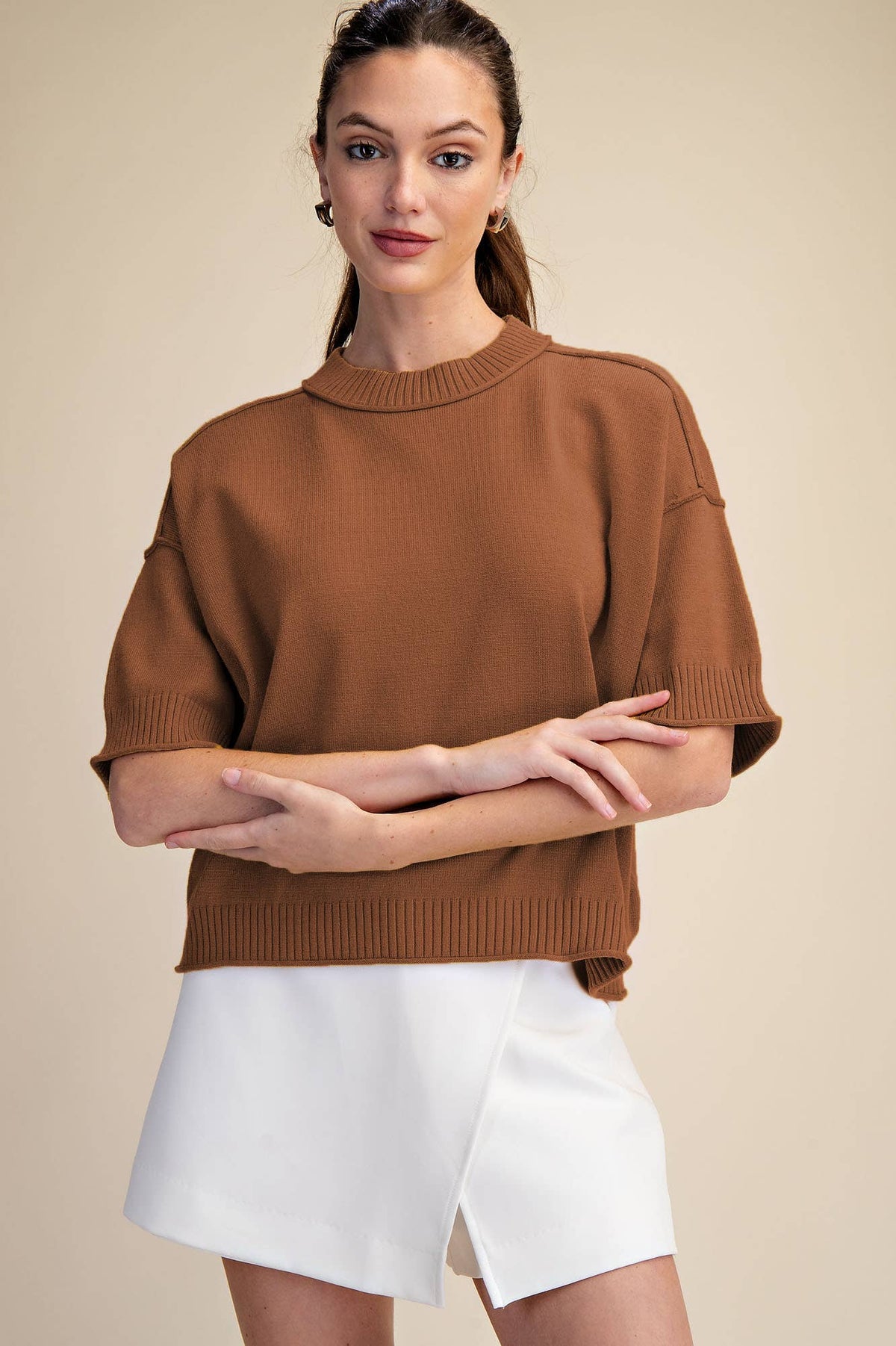 Relaxed Sweater Crew-Neck Elbow-Length Sleeves