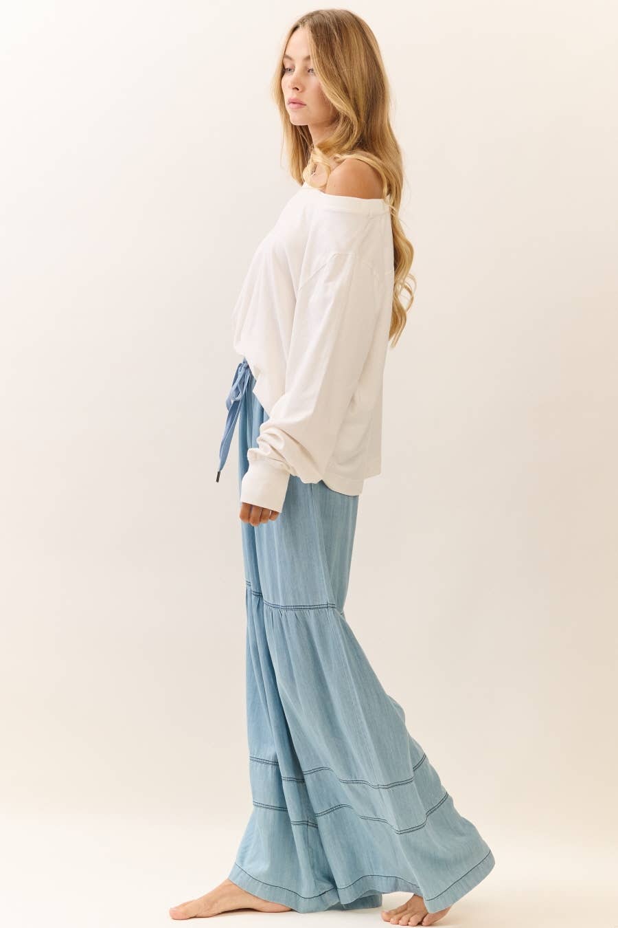 Washed Denim Wide Leg Pants