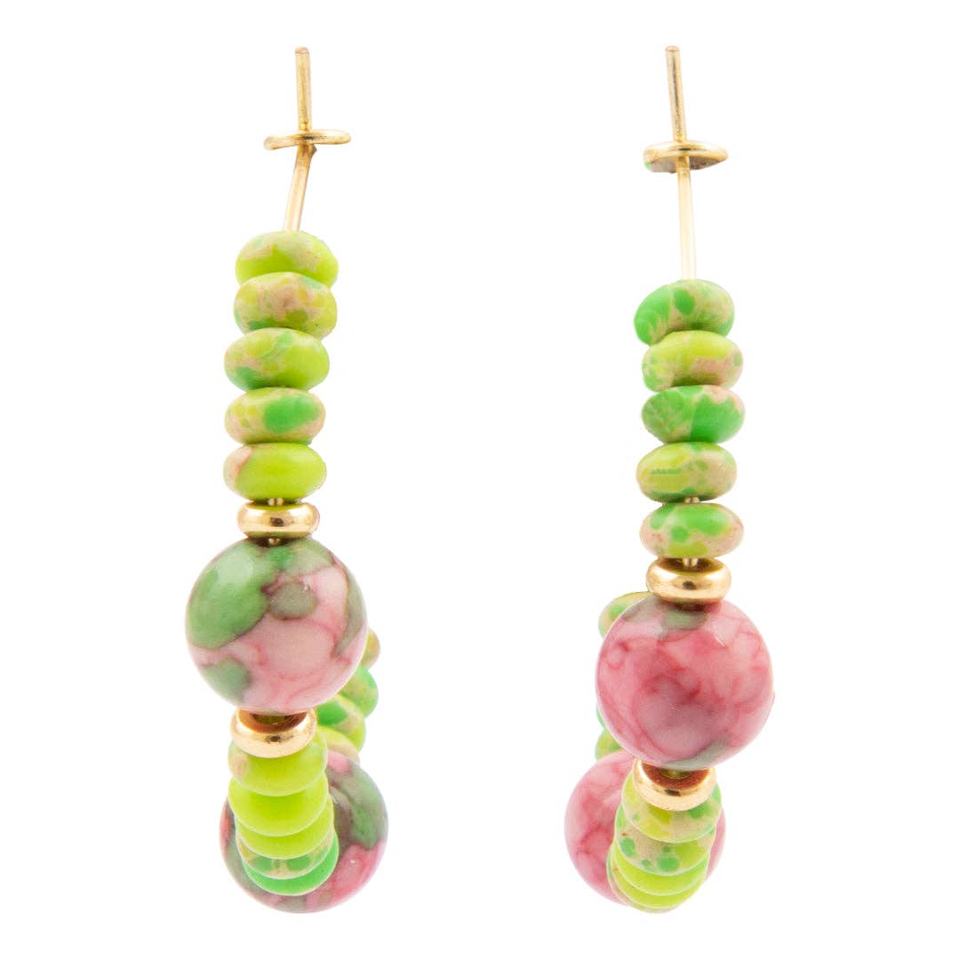 Watermelon Jade and Green Jasper Golden Hoop Earrings