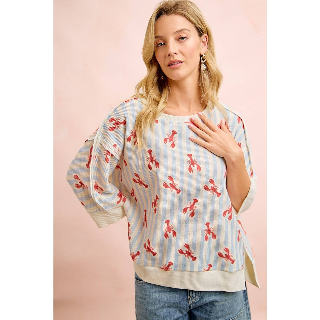 4TH OF JULY LOBSTERS STRIPE WAFFLE KNIT SLEEVE TOP