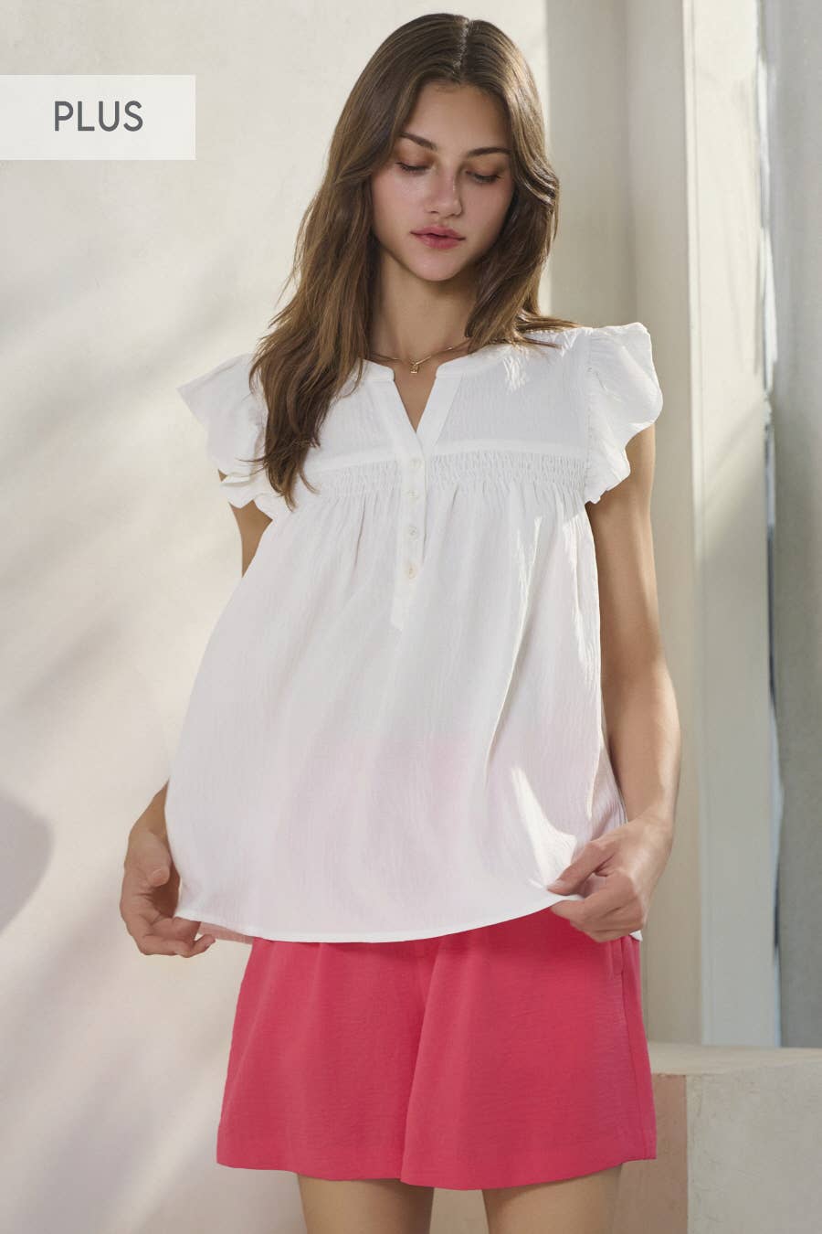 Plus Solid Airflow Top With Flutter Sleeve