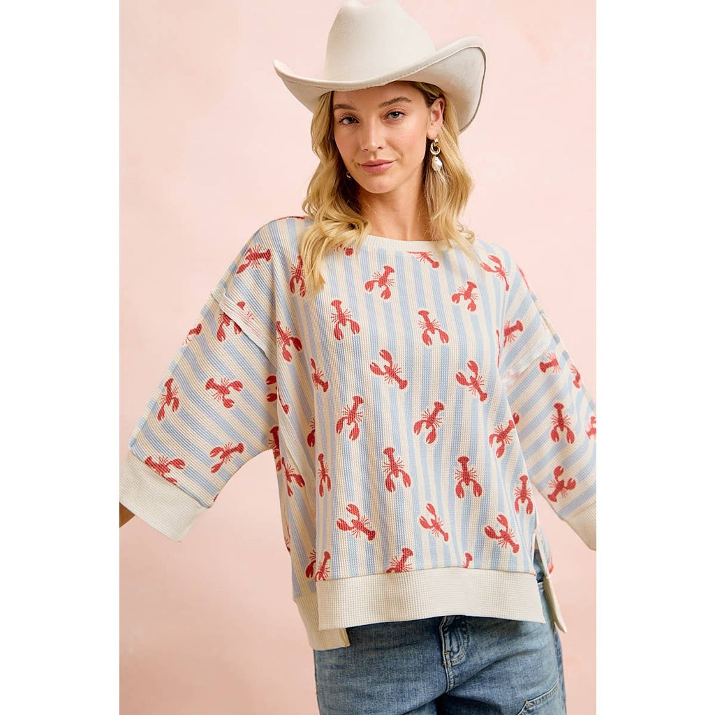 4TH OF JULY LOBSTERS STRIPE WAFFLE KNIT SLEEVE TOP