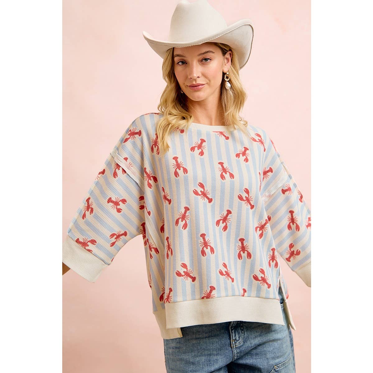 4TH OF JULY LOBSTERS STRIPE WAFFLE KNIT SLEEVE TOP