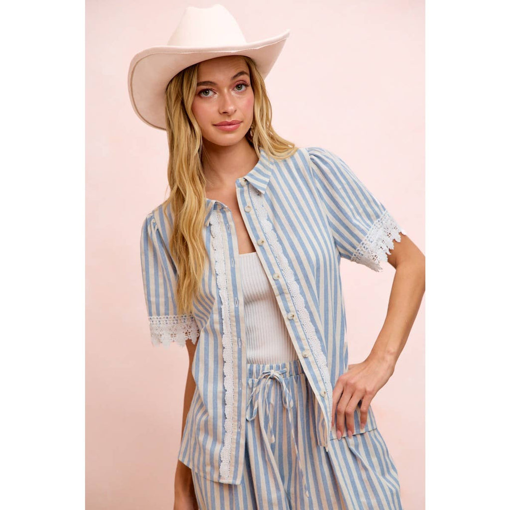 STRIPES LACE TRIM DETAIL SHORT SLEEVES BLOUSE