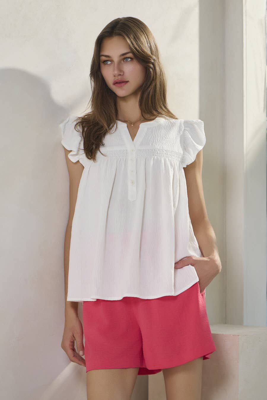 Plus Solid Airflow Top With Flutter Sleeve