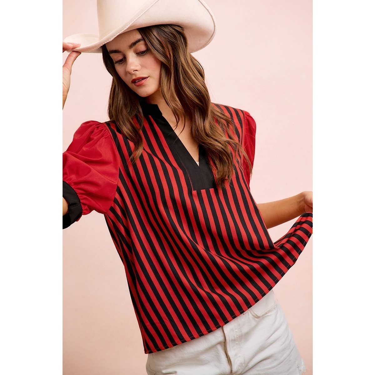 GAMEDAY THEME STRIPED WOVEN BLOUSE TOP