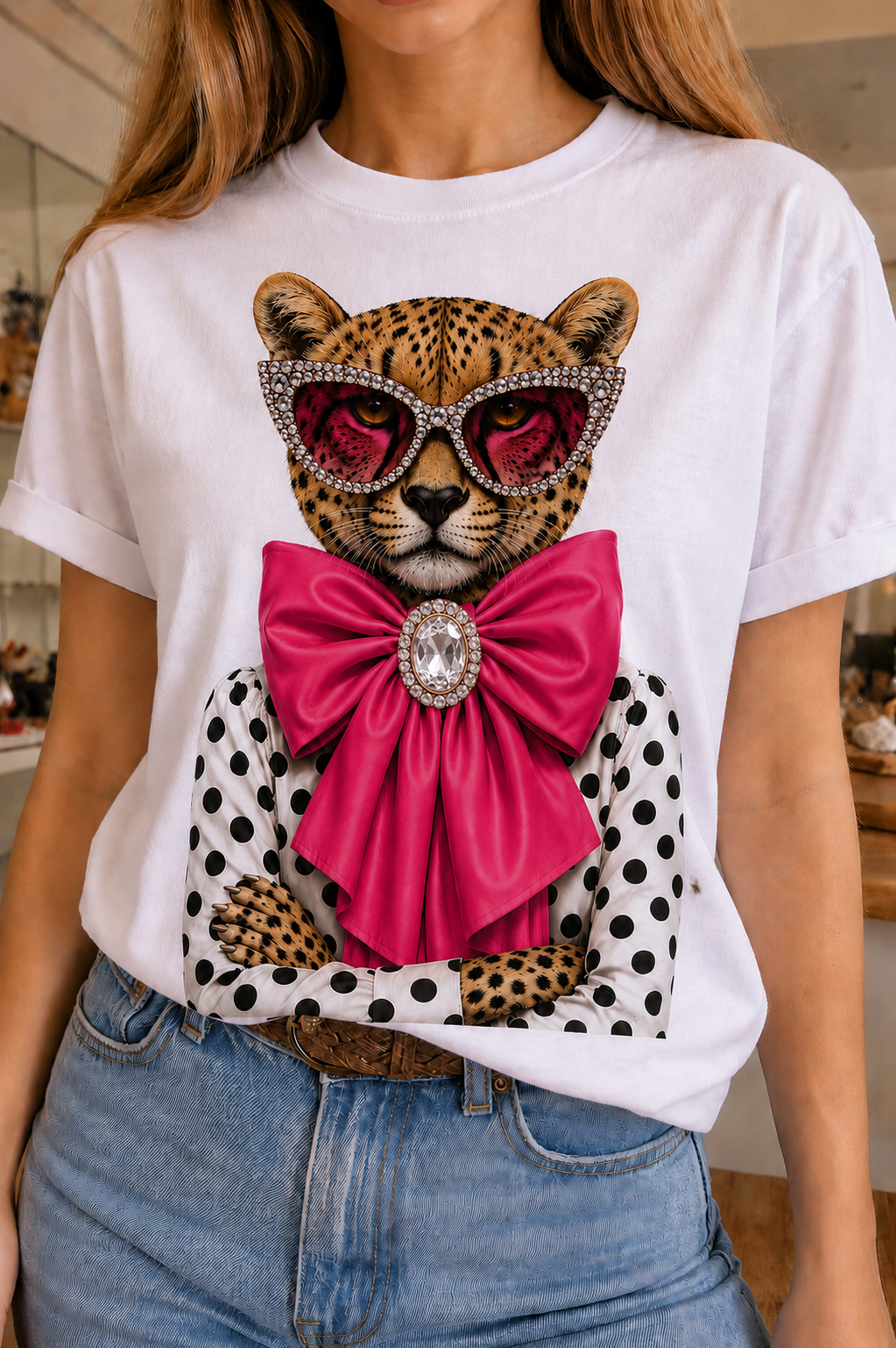 Pink Bow Leopard on White Crew