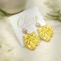Gold Tiger Head Polymer Clay Earrings with Pearl Stud