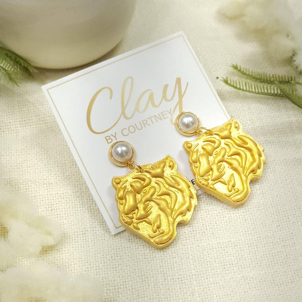 Gold Tiger Head Polymer Clay Earrings with Pearl Stud