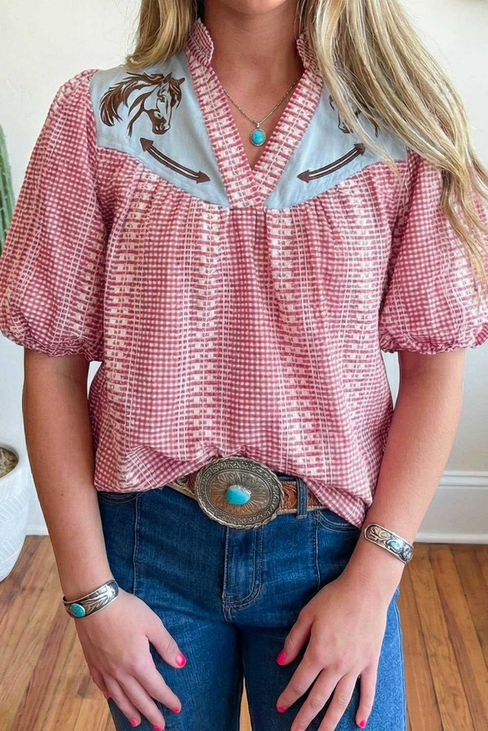 Western Pony Embroidered Yoke Puff Sleeve Gingham Blouse