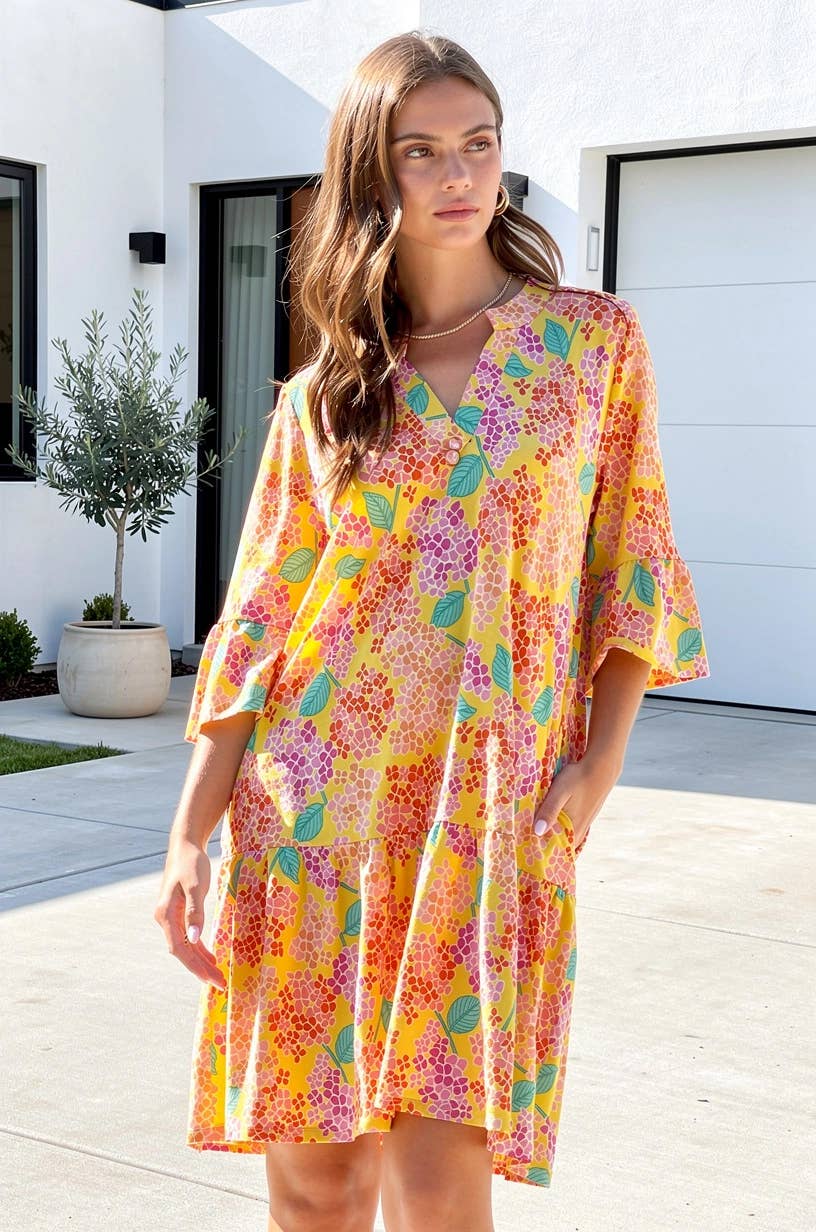 Floral Print Shirred Tiered 3/4 Sleeve Dress