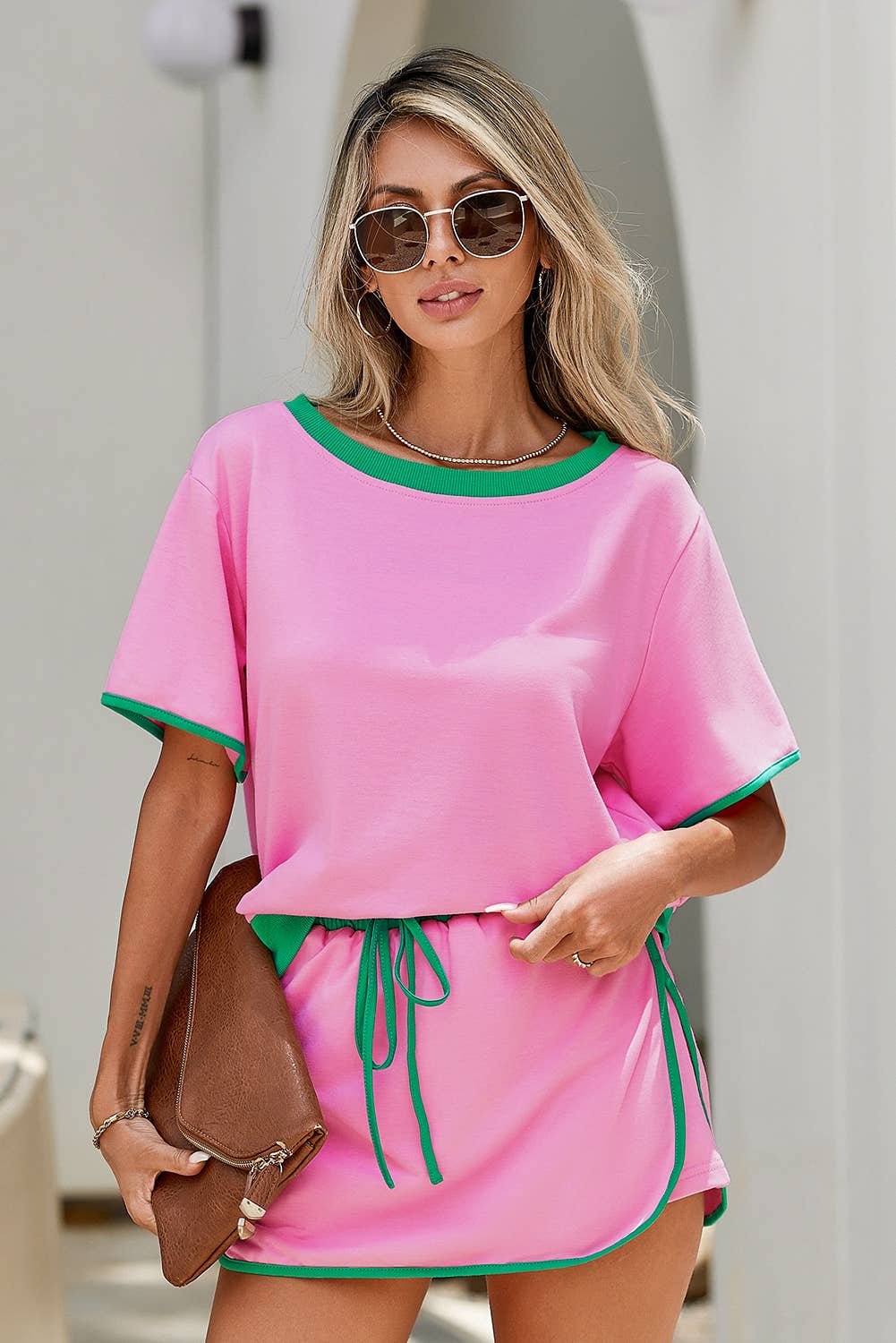 Colorblock Edge Drop Shoulder T Shirt and Skirt 2Pcs Set