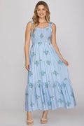 Sleeveless Woven Print Smocked Tiered Maxi Dress