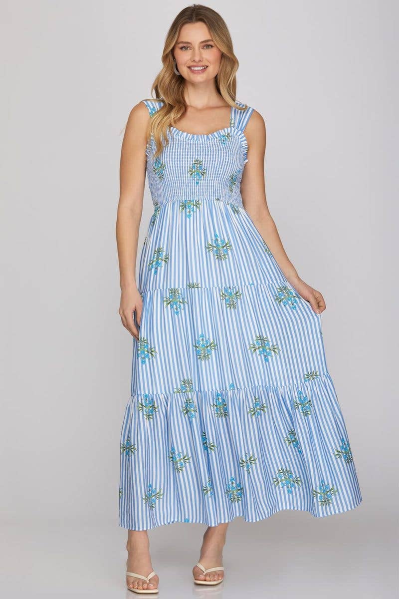 Sleeveless Woven Print Smocked Tiered Maxi Dress