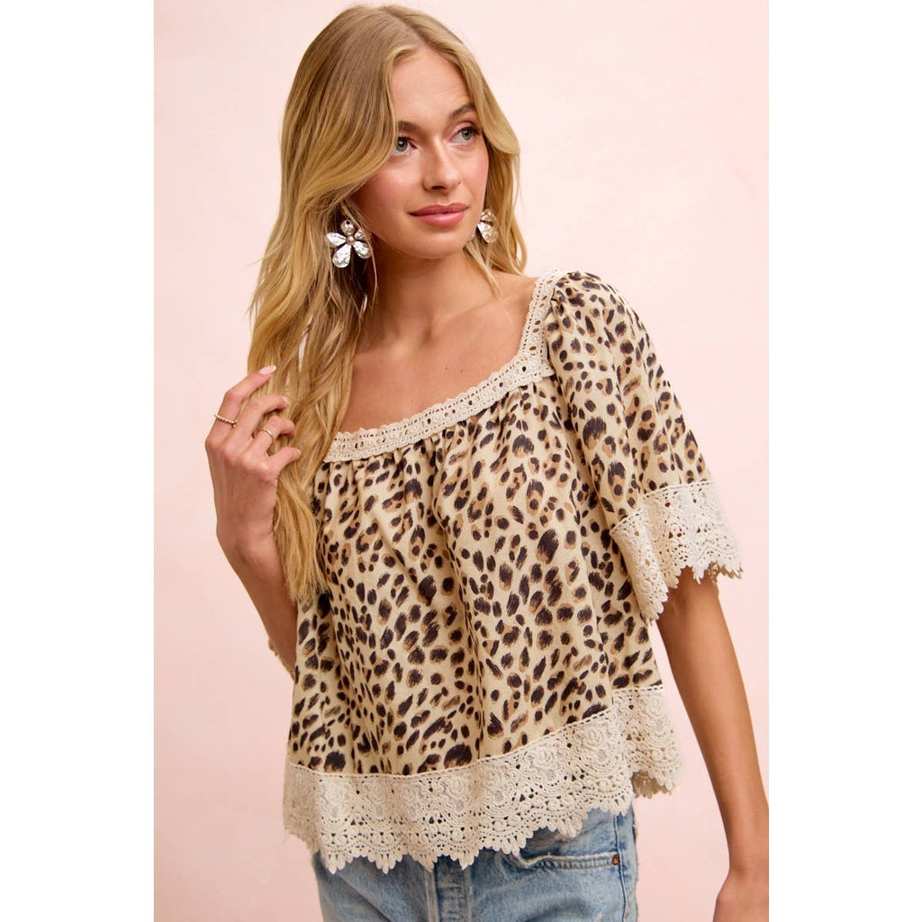 LEOPARD LACE MIX AND MATCH SQUARE NECKLINE TOP