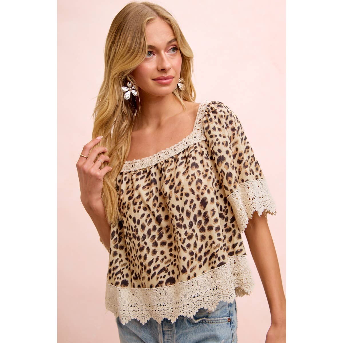 LEOPARD LACE MIX AND MATCH SQUARE NECKLINE TOP
