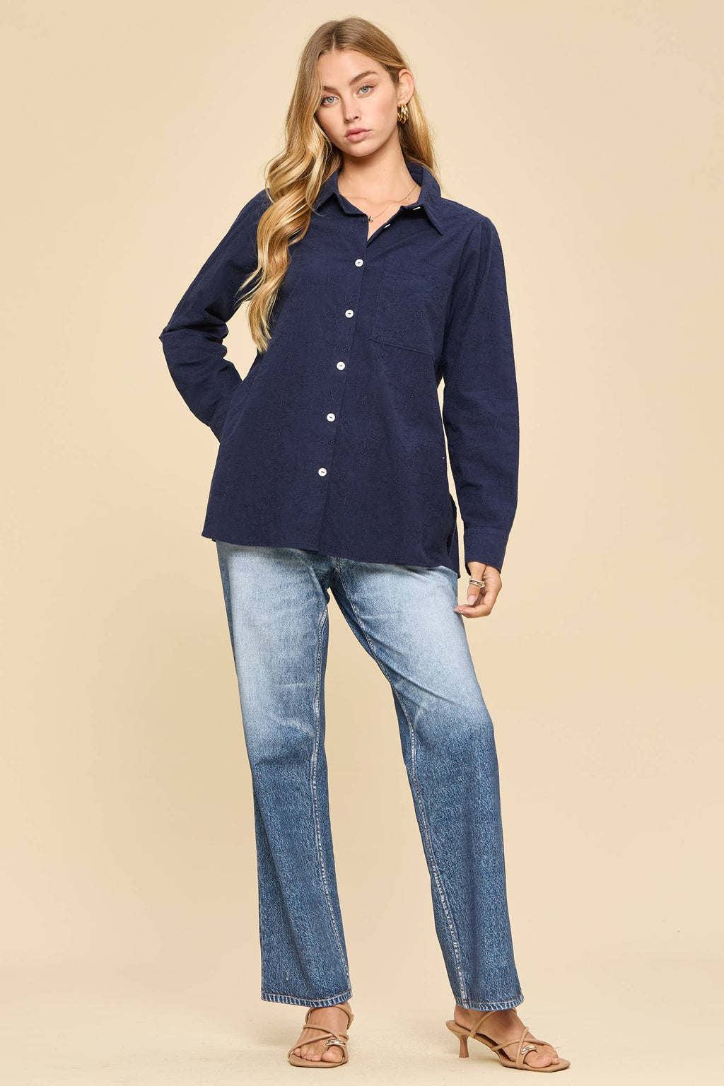 Embroidered Button-Up Blouse