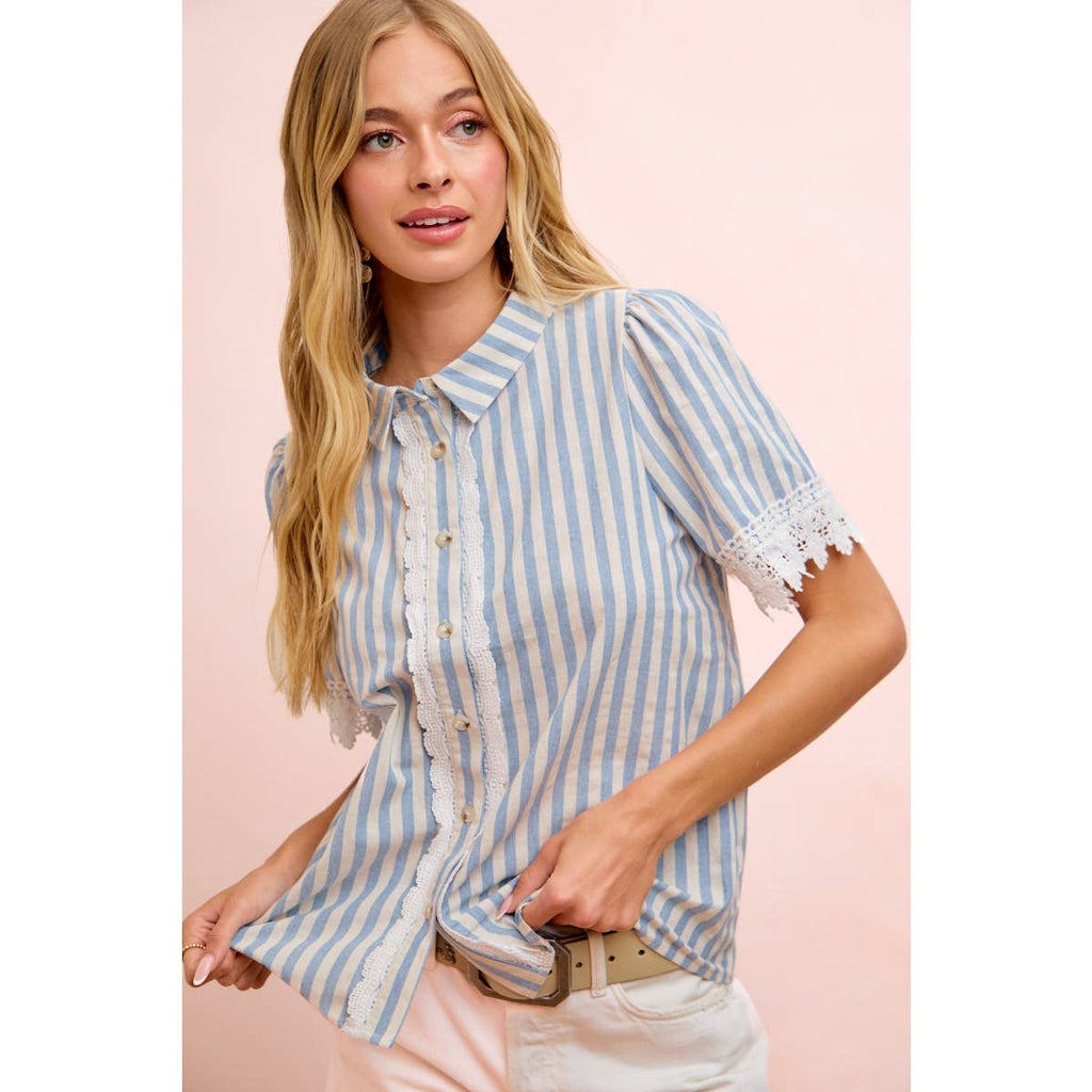 STRIPES LACE TRIM DETAIL SHORT SLEEVES BLOUSE