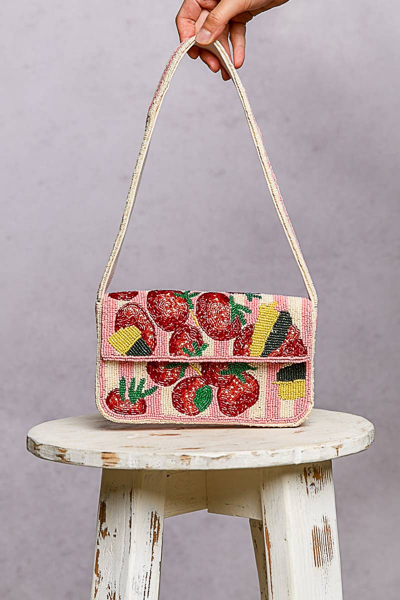 Pink Beaded Fruit Pattern Shoulder Flap Bag