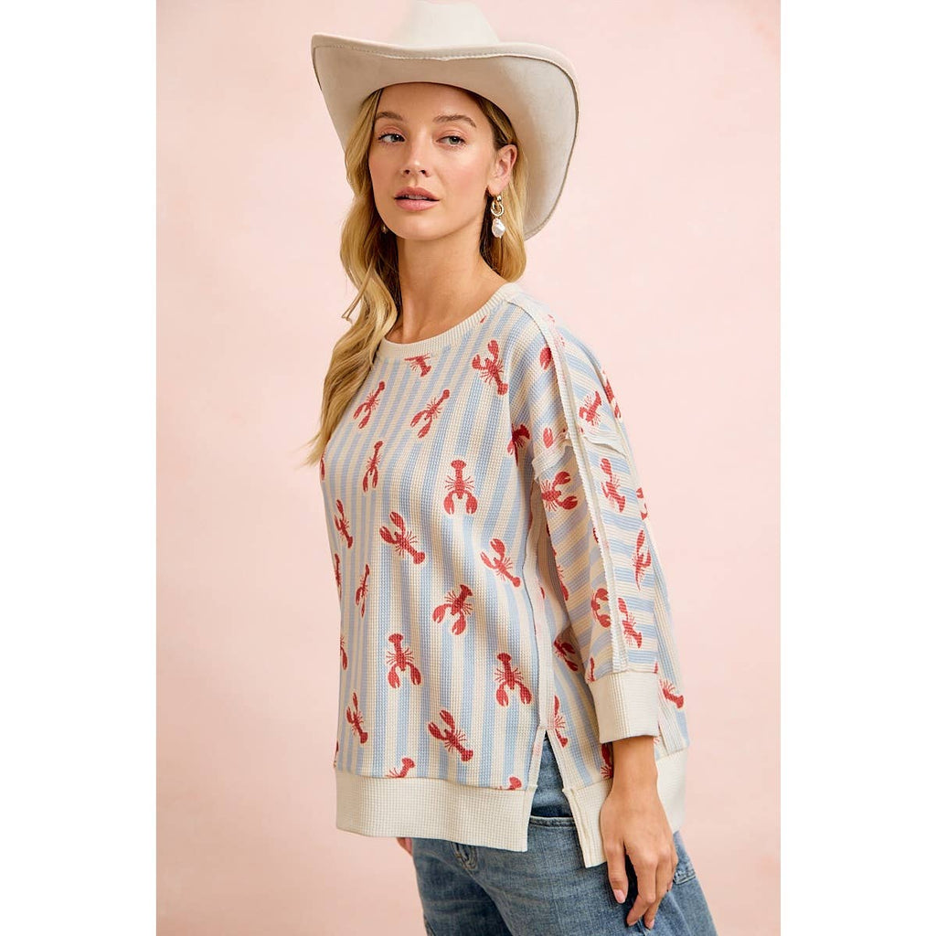 4TH OF JULY LOBSTERS STRIPE WAFFLE KNIT SLEEVE TOP