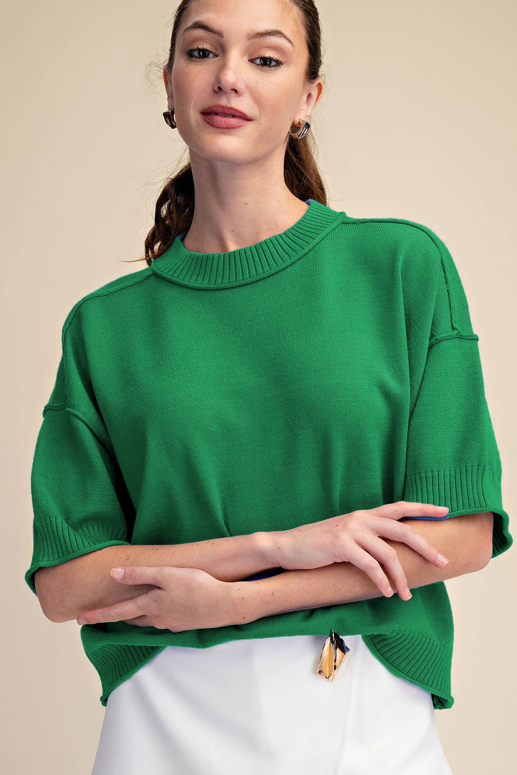 Relaxed Sweater Crew-Neck Elbow-Length Sleeves