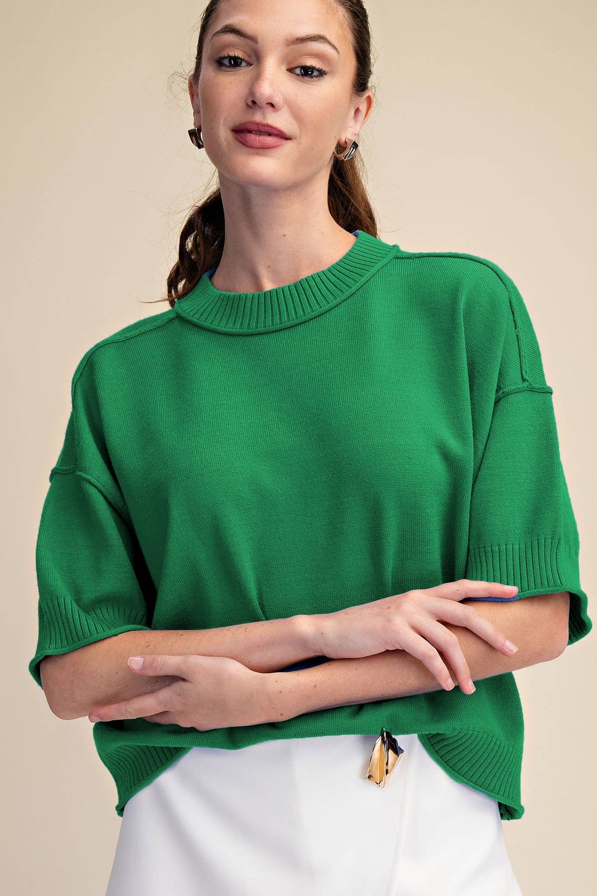 Relaxed Sweater Crew-Neck Elbow-Length Sleeves